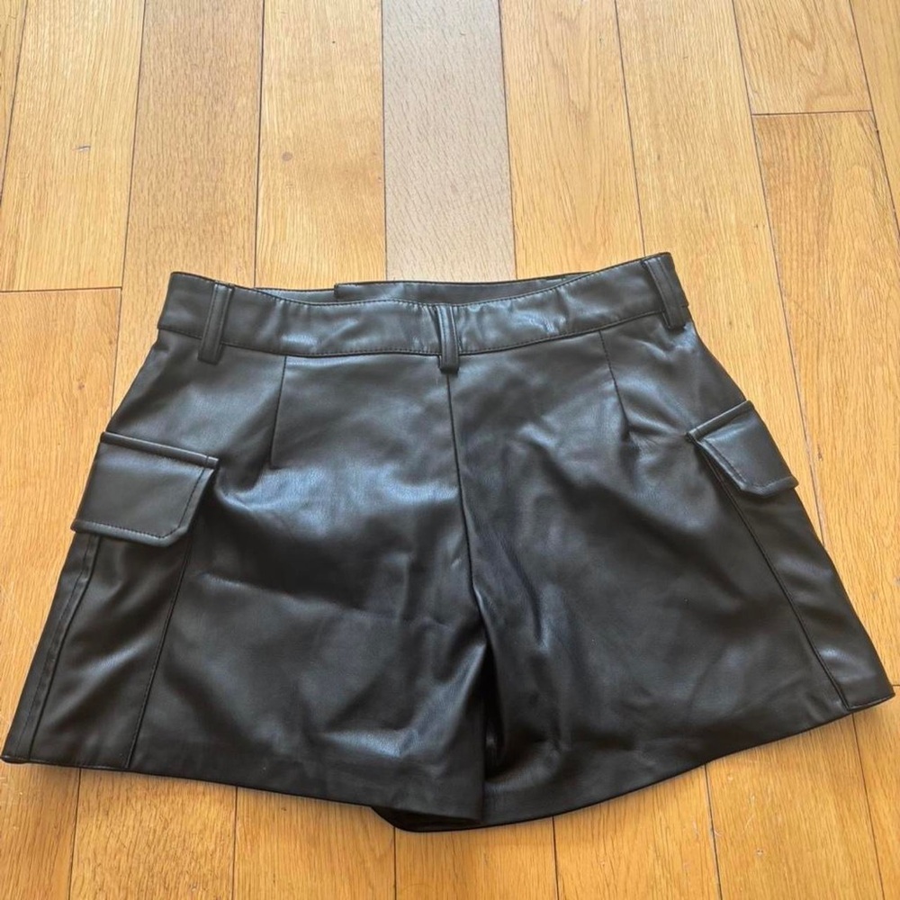 Zara Black Faux Leather Cargo Bermuda Shorts